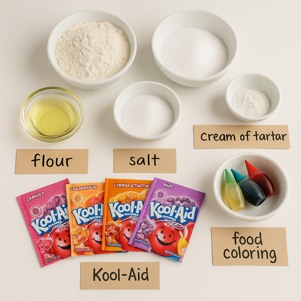 Ingredients for edible play dough recipe arranged in bowls with labels