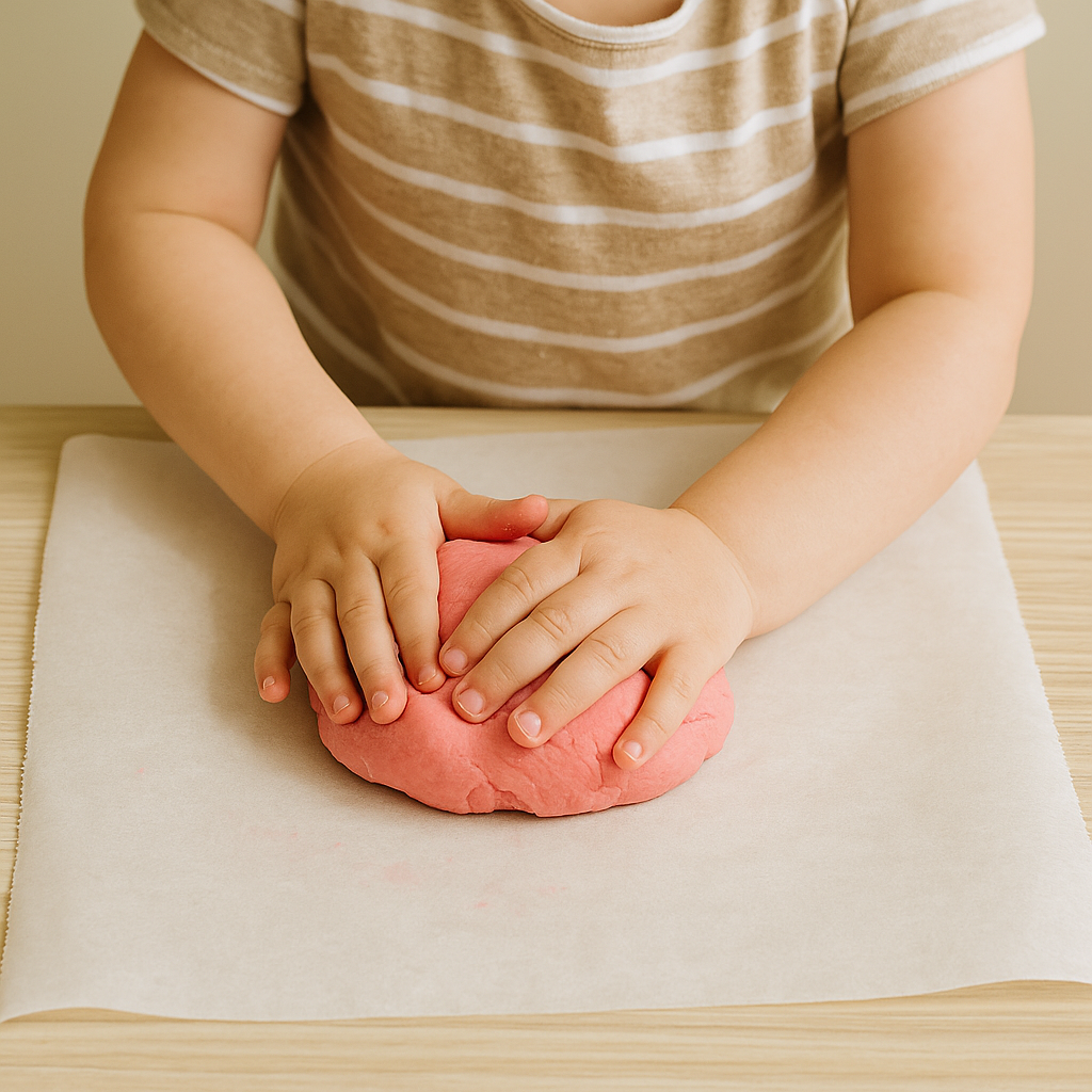 Kids kneading homemade edible play dough during sensory play activity