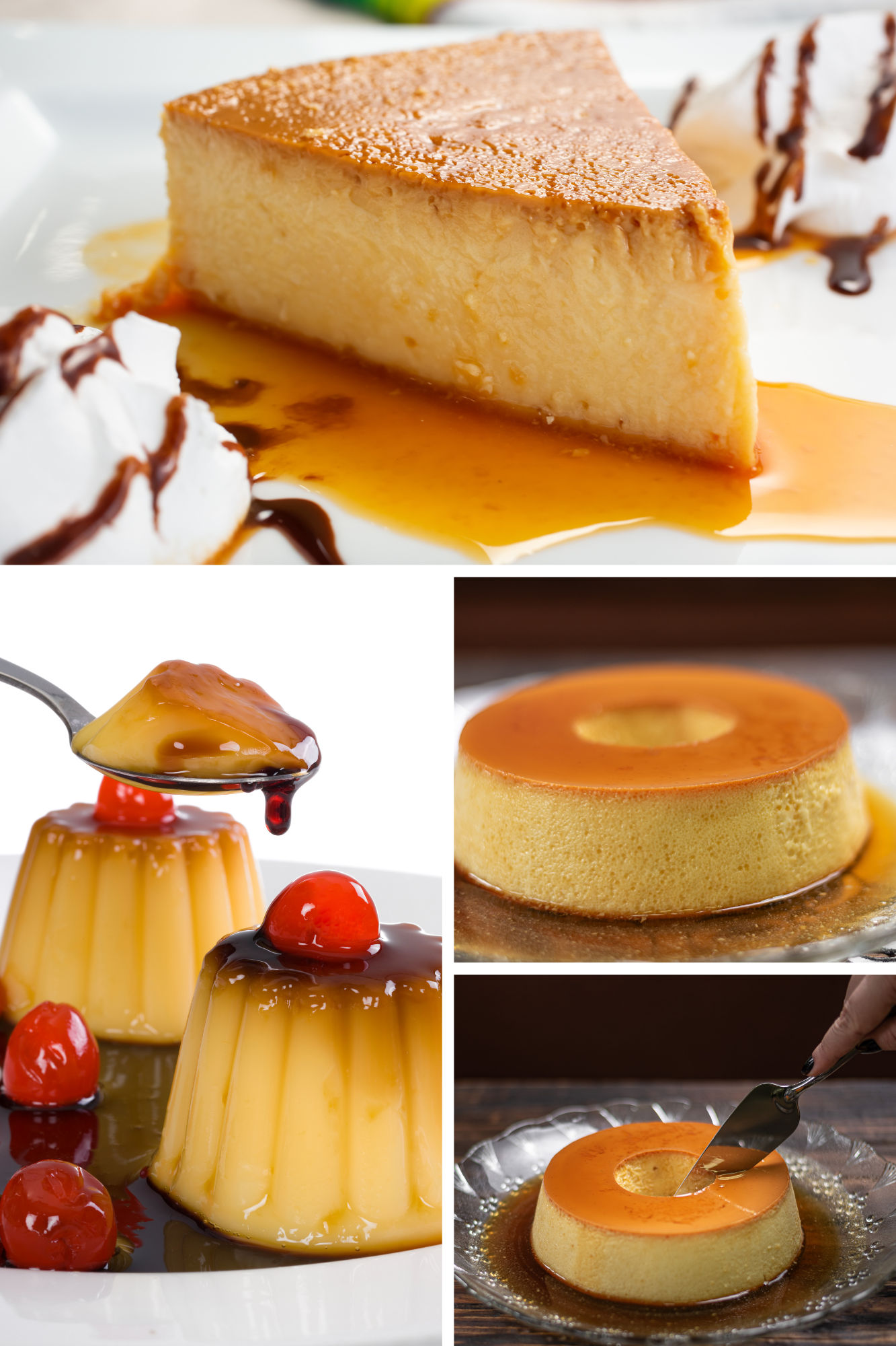 Round, golden-brown flan with a shiny caramel surface, served on a plate