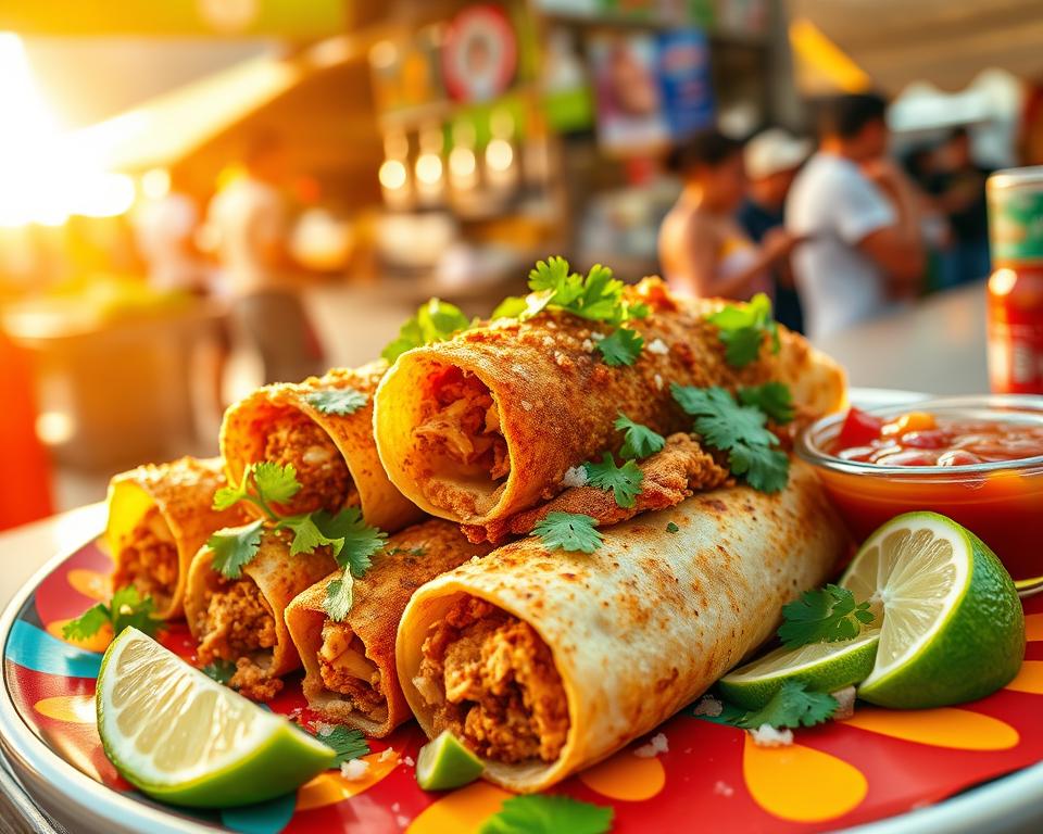 A colorful platter of golden chicken flautas garnished with fresh cilantro, served with lime wedges and salsa.