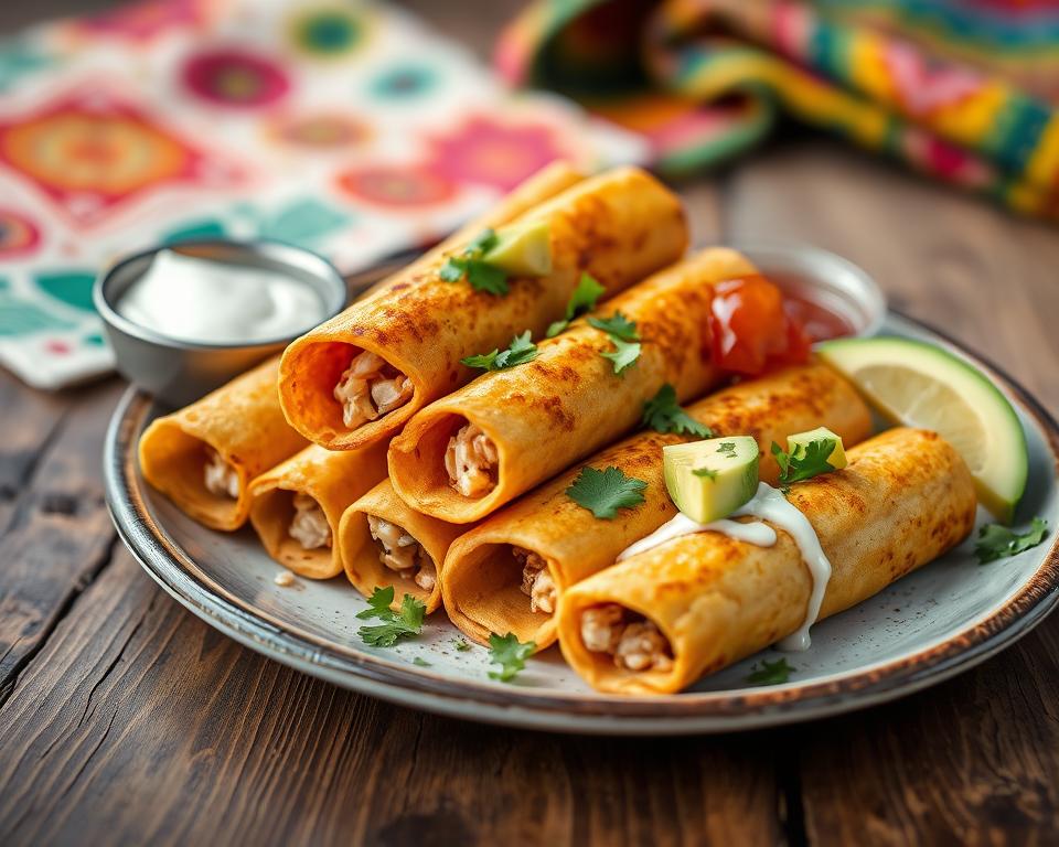 Crispy flautas on a plate, topped with fresh avocado slices, cilantro, sour cream, and salsa.