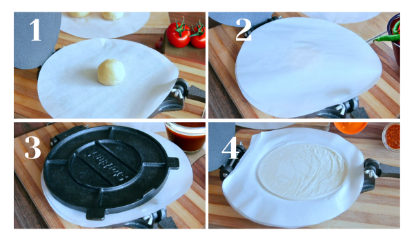 Step-by-step process of using a tortilla press to flatten dough for homemade gorditas, displayed on a wooden cutting board with fresh tomatoes and other ingredients in the background. The sequence highlights placing the dough, pressing it, and achieving a perfect round shape.