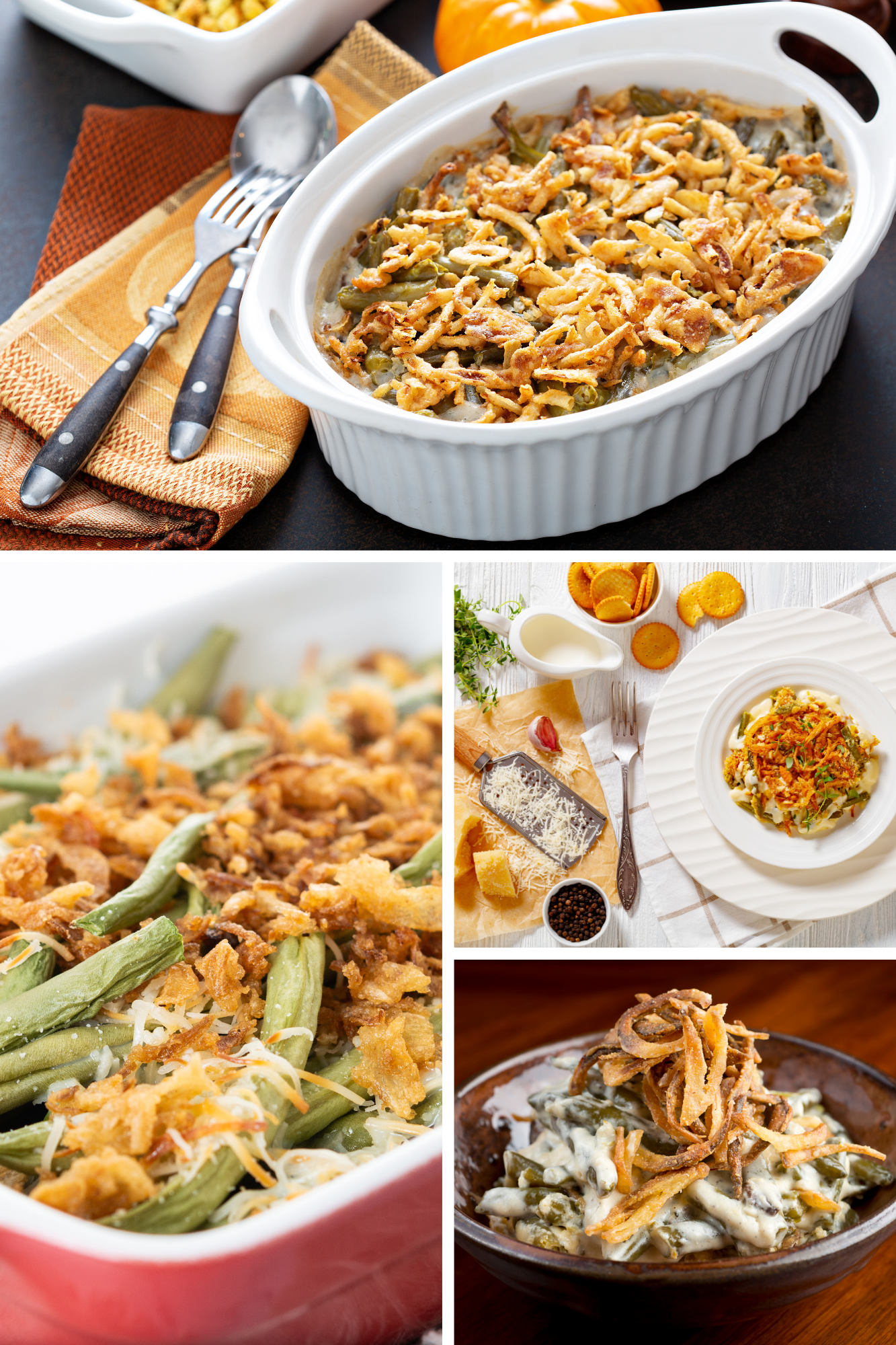Collage of four photos displaying a classic green bean casserole topped with crispy fried onions in various serving dishes