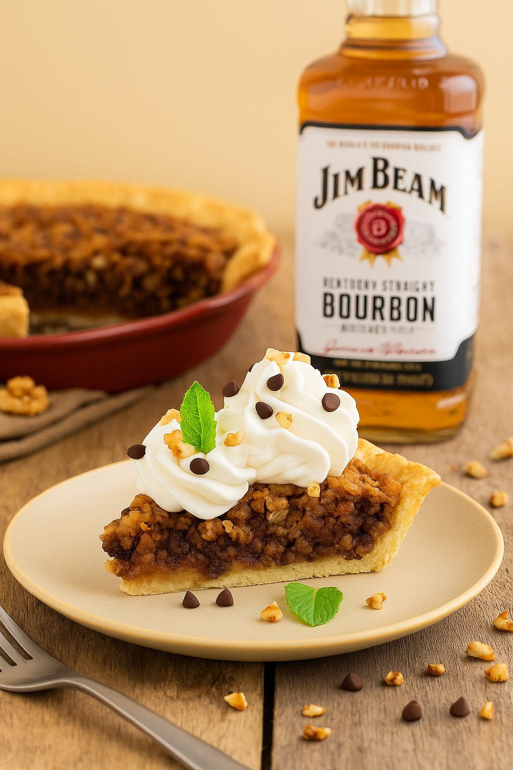 A slice of Kentucky bourbon pie topped with whipped cream, chocolate chips, and a mint leaf, served on a beige plate with a fork on a rustic wooden table. In the background, a bottle of Jim Beam bourbon and the full pie in a red dish are slightly blurred.
