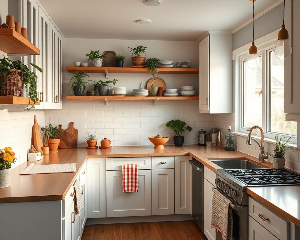 Modern kitchen with white cabinets, wooden countertops, open shelves decorated with plants and dishes, and bright natural lighting.