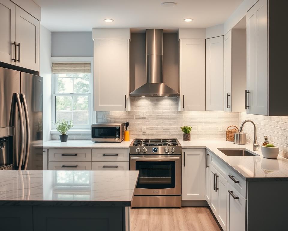 Contemporary kitchen featuring sleek white cabinets, marble countertops, stainless steel appliances, and under-cabinet lighting.