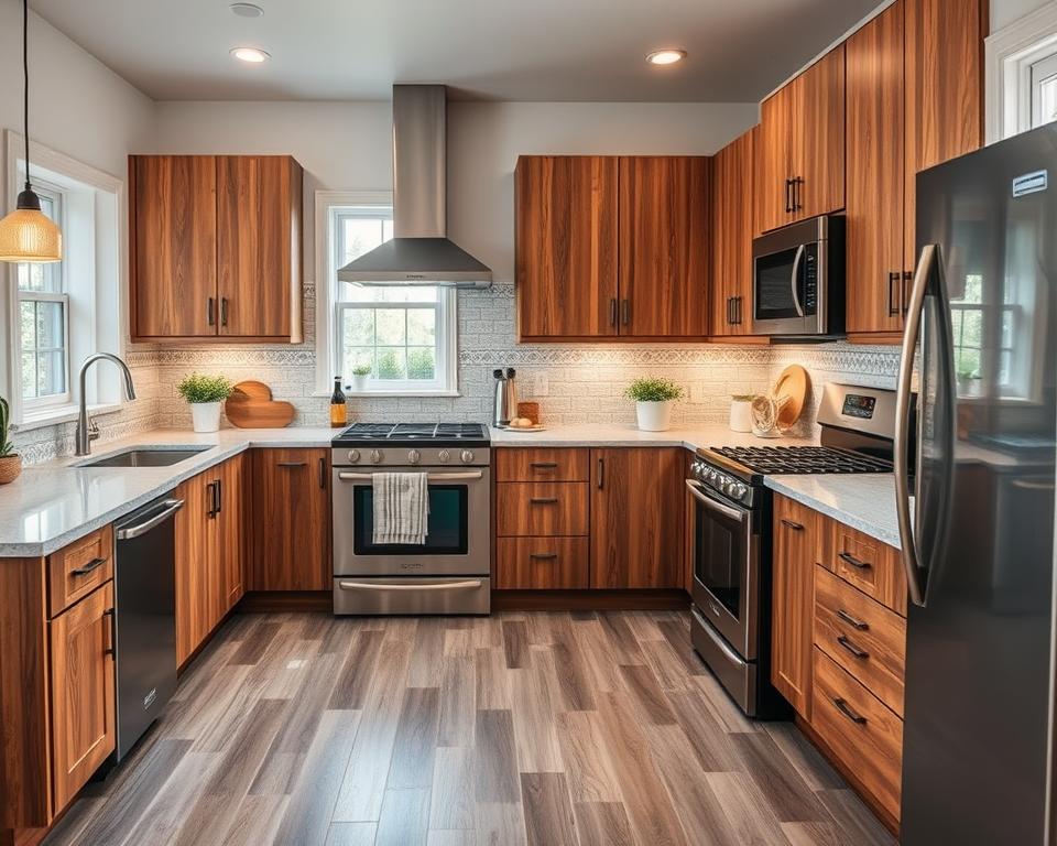 Stylish kitchen with warm wooden cabinets, stainless steel appliances, marble countertops, and decorative backsplash for a modern design.