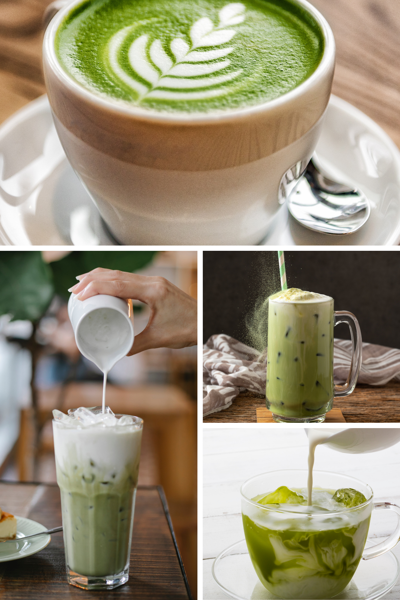 A tall glass of iced matcha latte, poured over ice and finished with a layer of frothy milk. You can see the pale green color intensify toward the bottom, offering a cool, refreshing treat.