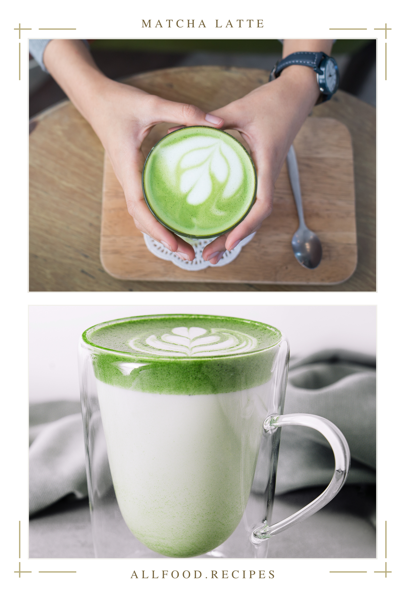 A layered matcha latte in a clear double-walled cup, blending bright green tea with a soft white milk layer. A light dusting of matcha powder adds a final touch to this elegant, café-style beverage.