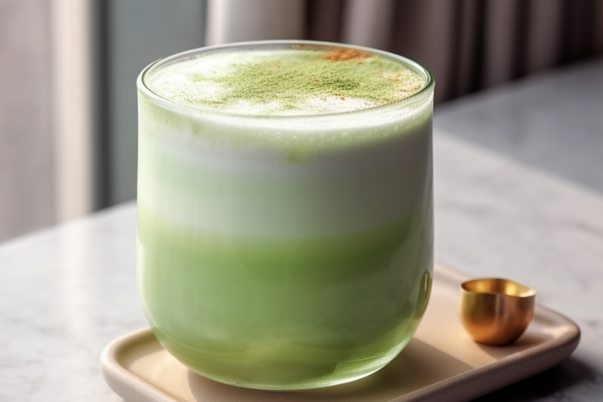 A close-up of a matcha latte topped with a delicate leaf design. The vibrant green hue contrasts beautifully with the creamy milk, highlighting a smooth, velvety texture perfect for sipping.