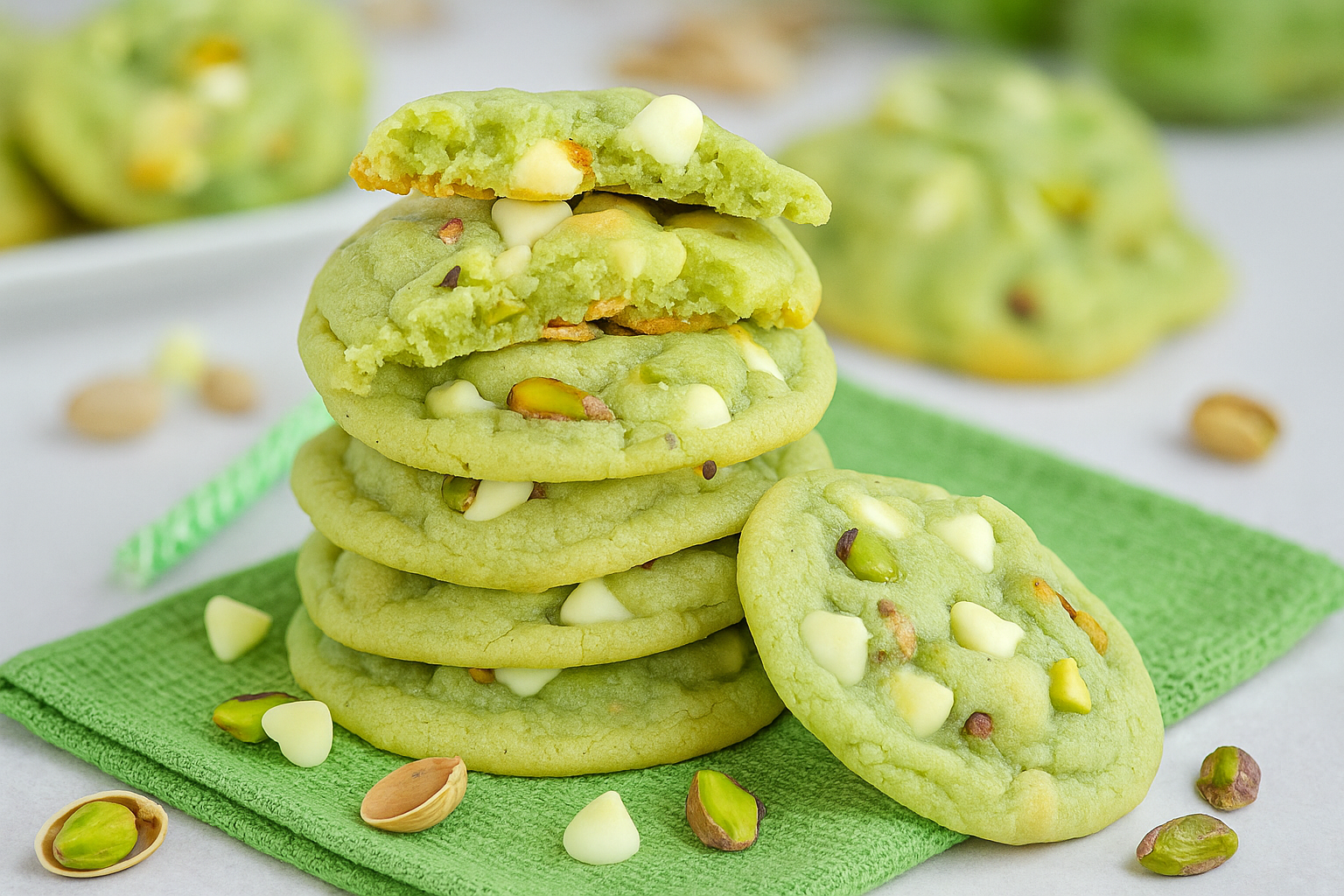 Stack of soft pistachio pudding cookies on a vintage tray with scattered white chocolate chips and pistachios