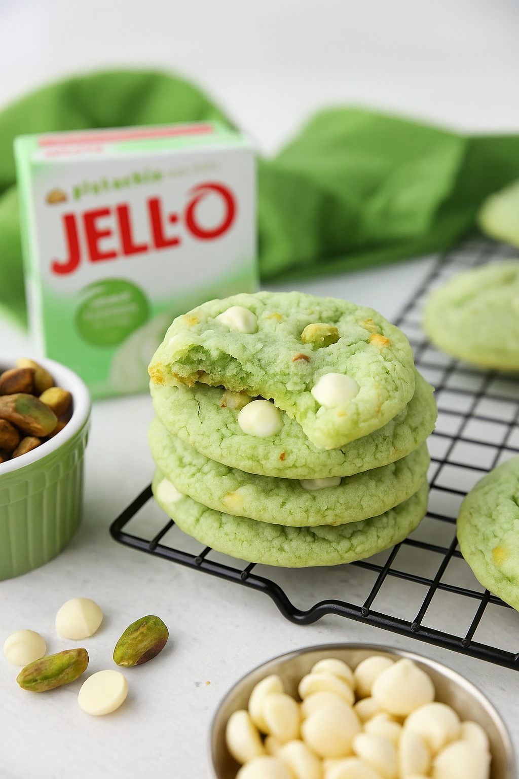 Overhead view of a bitten pistachio cookie with white chocolate chips and pistachio pieces