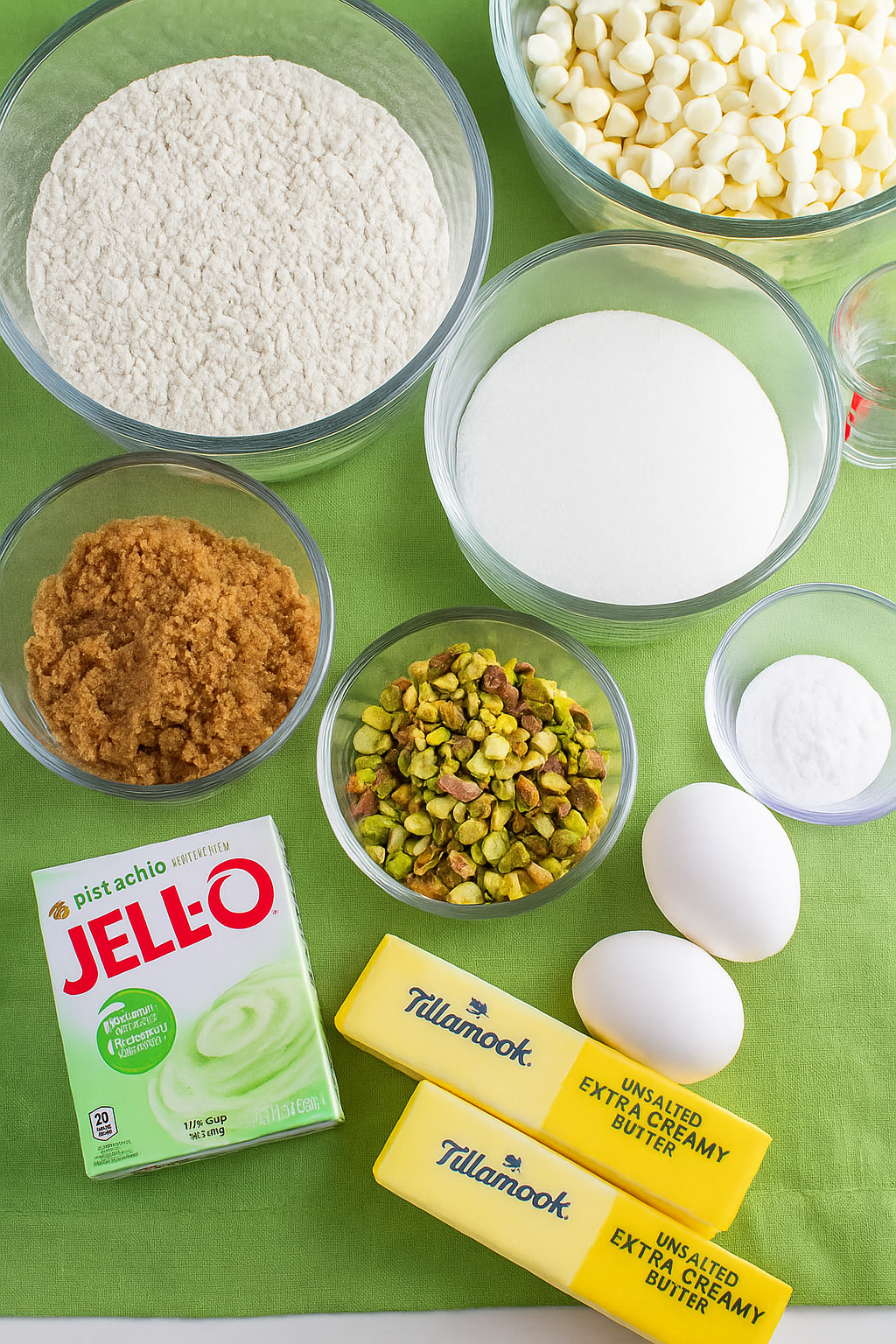Overhead layout of pistachio cookie ingredients including butter, sugars, pudding mix, eggs, pistachios, and white chocolate chips