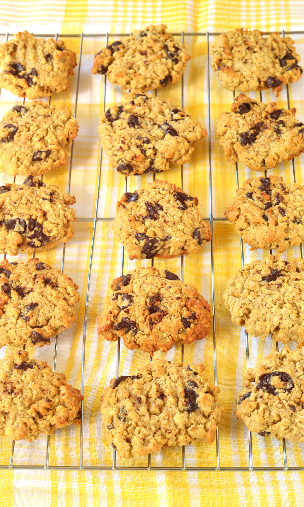 Freshly baked high-protein oatmeal cookie arranged on a cooling rack