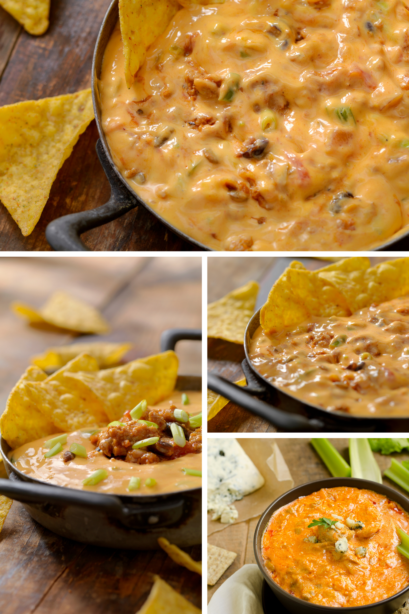 A collage of four images showing a creamy, orange cheese dip with ground meat and peppers, garnished with green onions, served in a cast-iron skillet alongside tortilla chips.