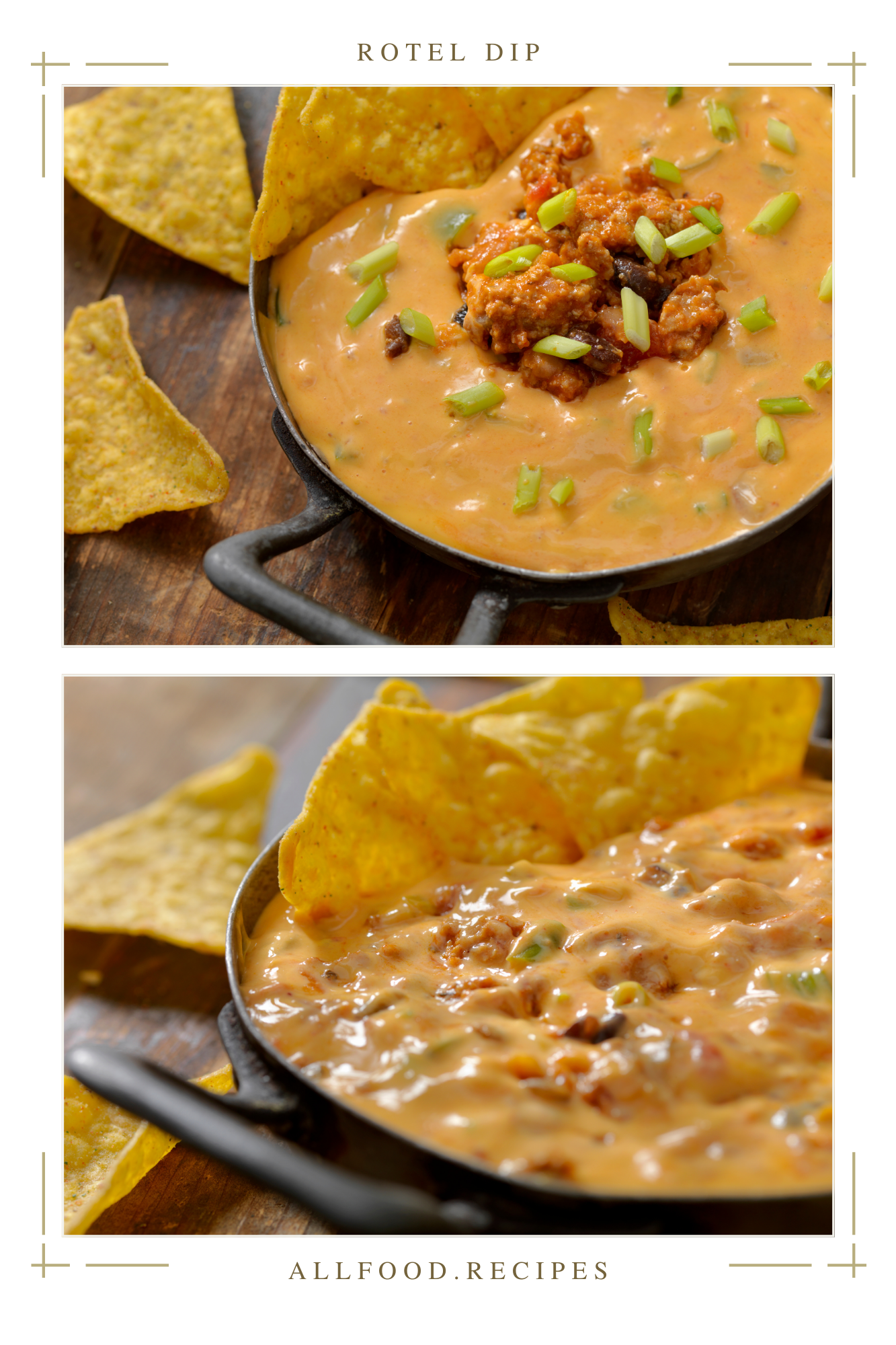 A two-panel layout labeled “Marry Me Chicken” and “Allfood.recipes,” featuring the same cheesy, spicy dip with meat and onions in a small skillet, accompanied by tortilla chips.