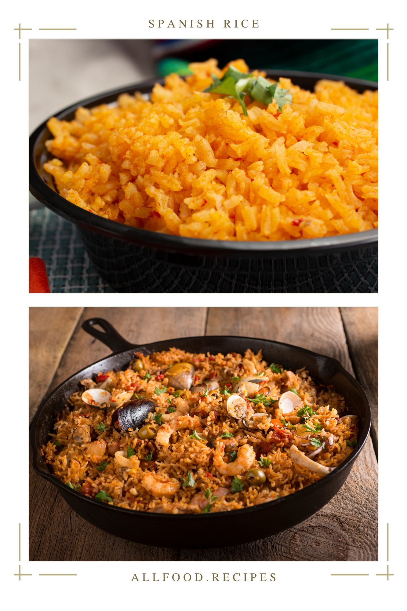 A cast-iron skillet filled with seafood paella, showcasing clams, shrimp, and vibrant Spanish rice flavored with peppers, tomato paste and olives.