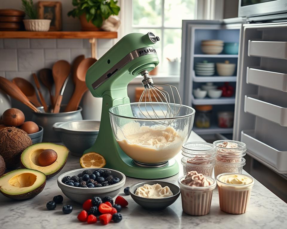 healthy ice cream preparation in a green stand mixer with fresh ingredients like coconut, avocado, and berries for a healthy dessert option.