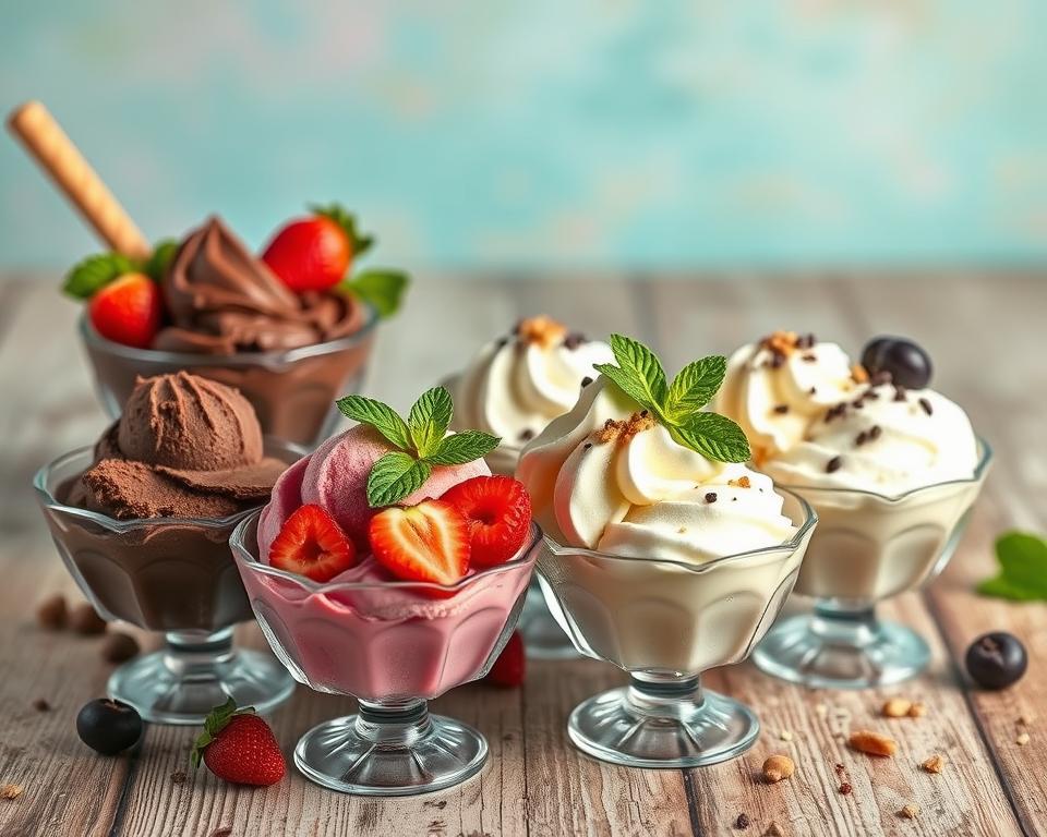 Variety of healthy ice cream flavors topped with fresh strawberries, chocolate shavings, and mint leaves for a guilt-free indulgence.