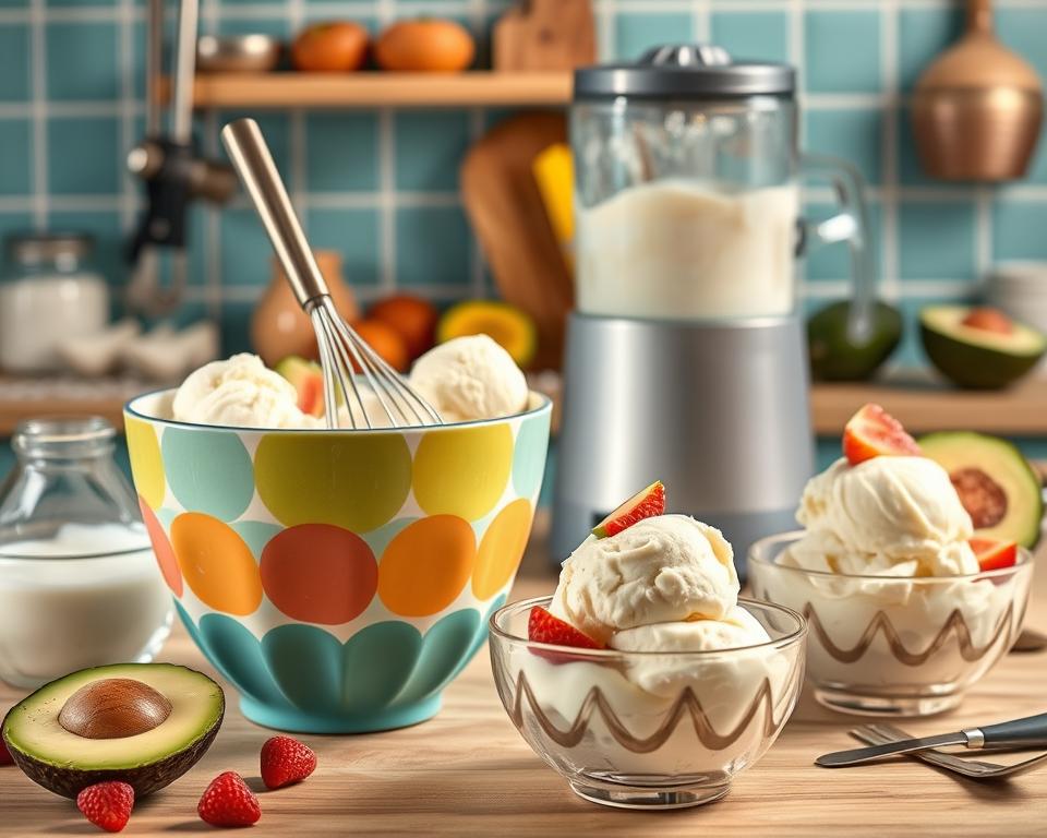 Making healthy ice cream with a colorful mixing bowl, fresh avocados, and strawberries, showcasing a creamy and healthy dessert creation.