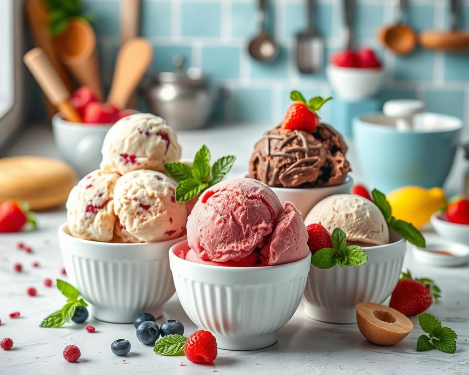 Scoops of ice cream in vanilla, chocolate, strawberry, and fruit flavors served in stylish bowls with fresh berries and mint leaves.