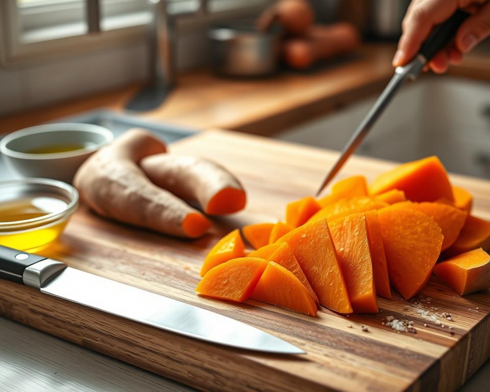 Freshly chopped sweet potatoes on a wooden cutting board, perfect for roasting or air frying in healthy recipes