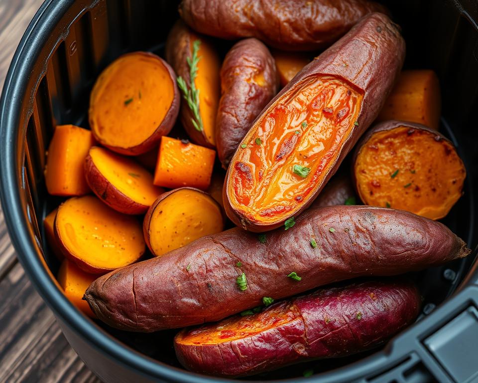 Perfectly cooked sweet potatoes in an air fryer, showcasing a golden and tender interior for a quick and easy meal.