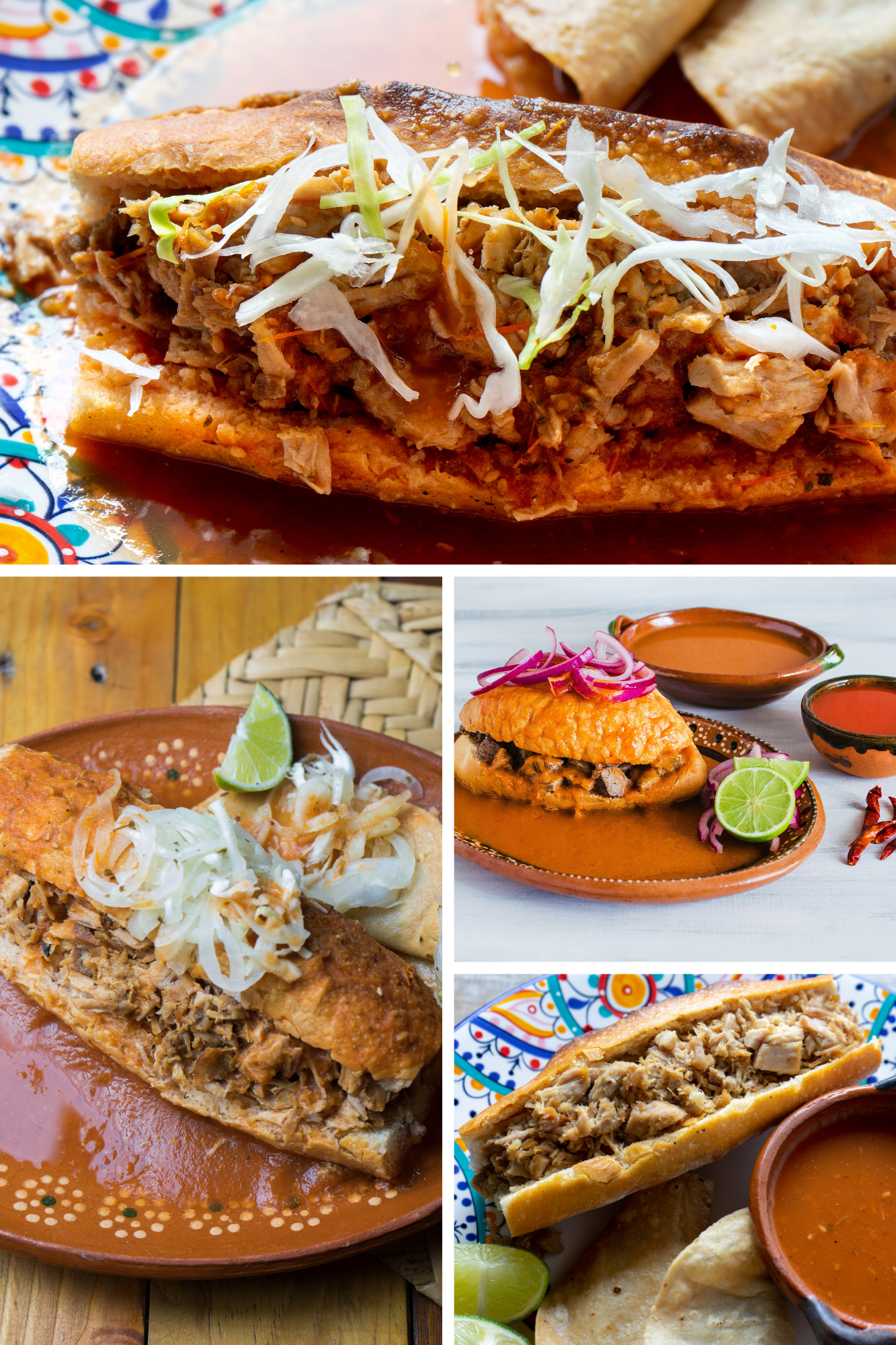 A variety of Mexican tortas including asada, huevo, chorizo, and ahogada. Each torta is filled with delicious ingredients, representing the rich diversity of Mexican food.