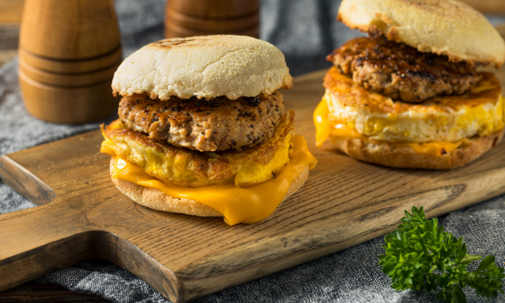 Breakfast sandwiches with sausage patties, egg, and melted cheese on English muffins