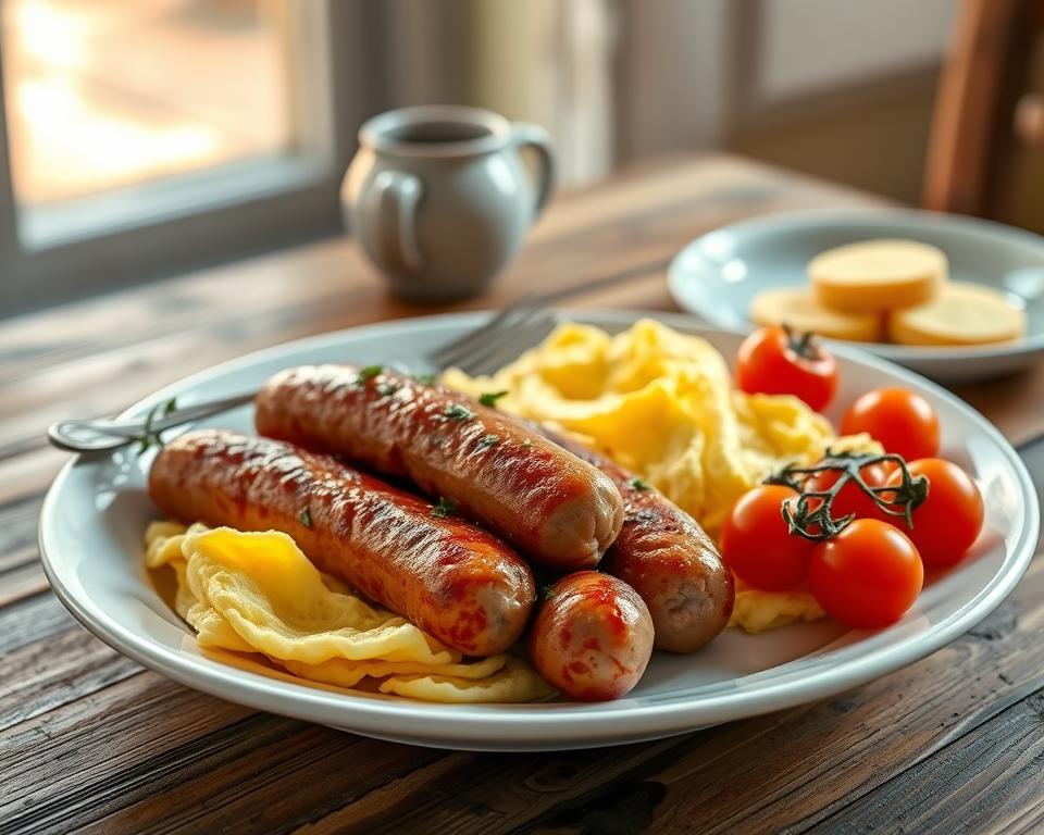 breakfast with scrambled eggs, fresh tomatoes, and breakfast sides