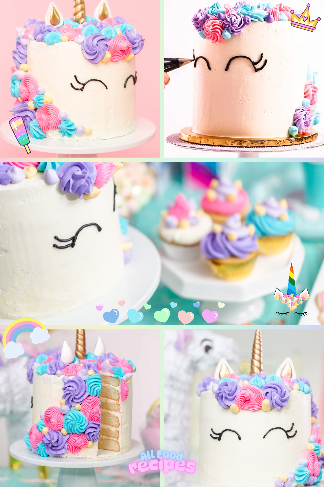  Side view of the birthday cake with pastel frosting in pink, blue, and purple tones, revealing the inner cake layers