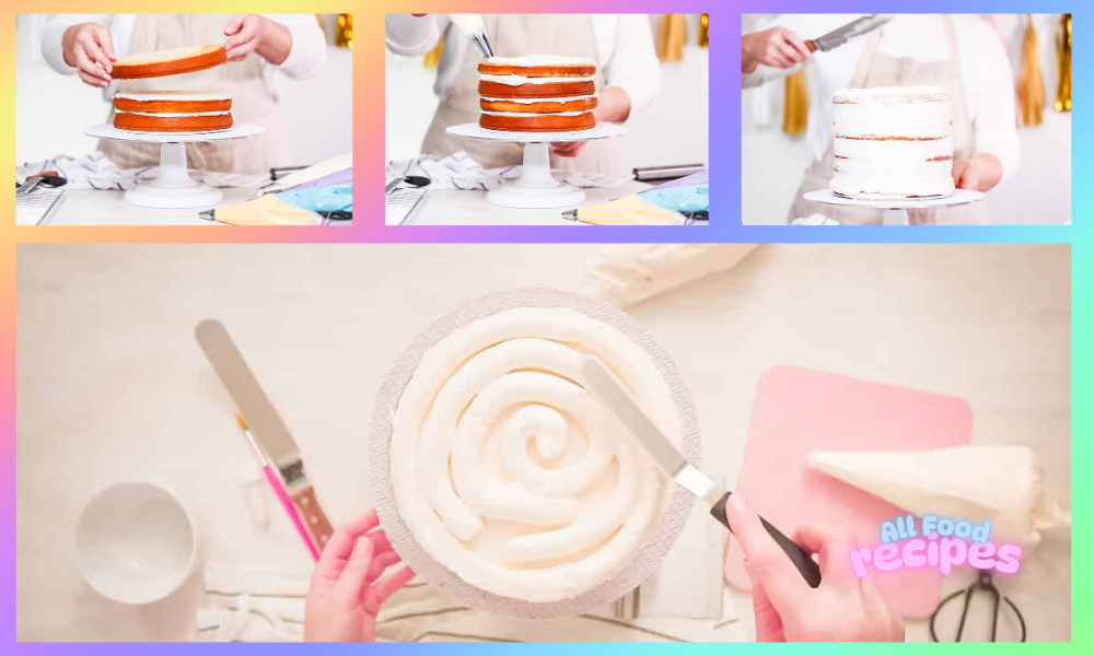 Visual instructions for assembling and decorating a unicorn cake with frosting and creative details