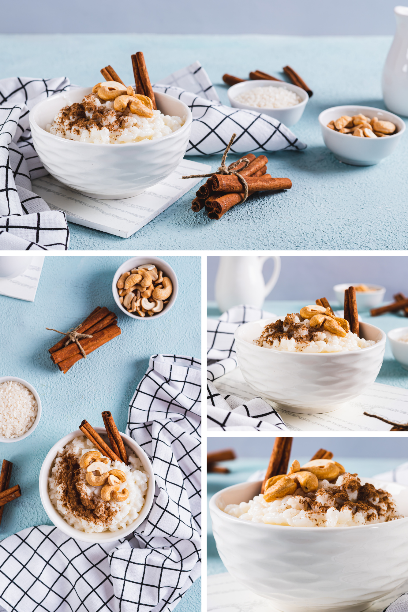 The Best Arroz con Leche Mexicano | Enjoy Authentic Mexican Rice Pudding {Muy Delicioso!} 12 Collage showing four angles of creamy arroz con leche (Mexican rice pudding) in a white bowl, topped with cinnamon sticks and cashews, on a light blue background with checkered cloth.