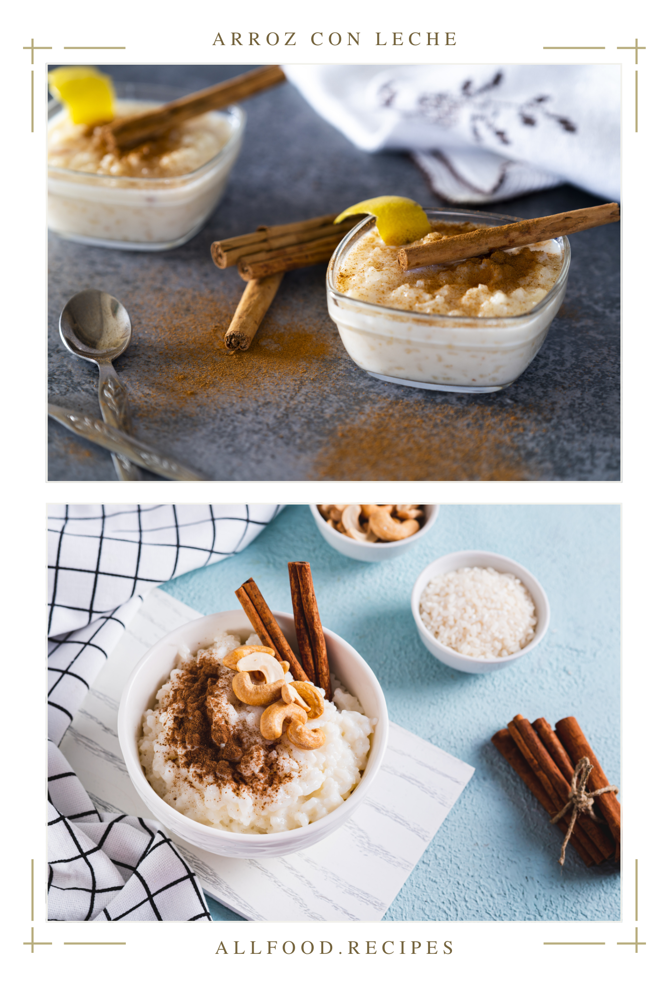 Two bowls of arroz con leche garnished with cinnamon sticks and a lemon peel, displayed on a gray surface; a traditional pudding dessert.