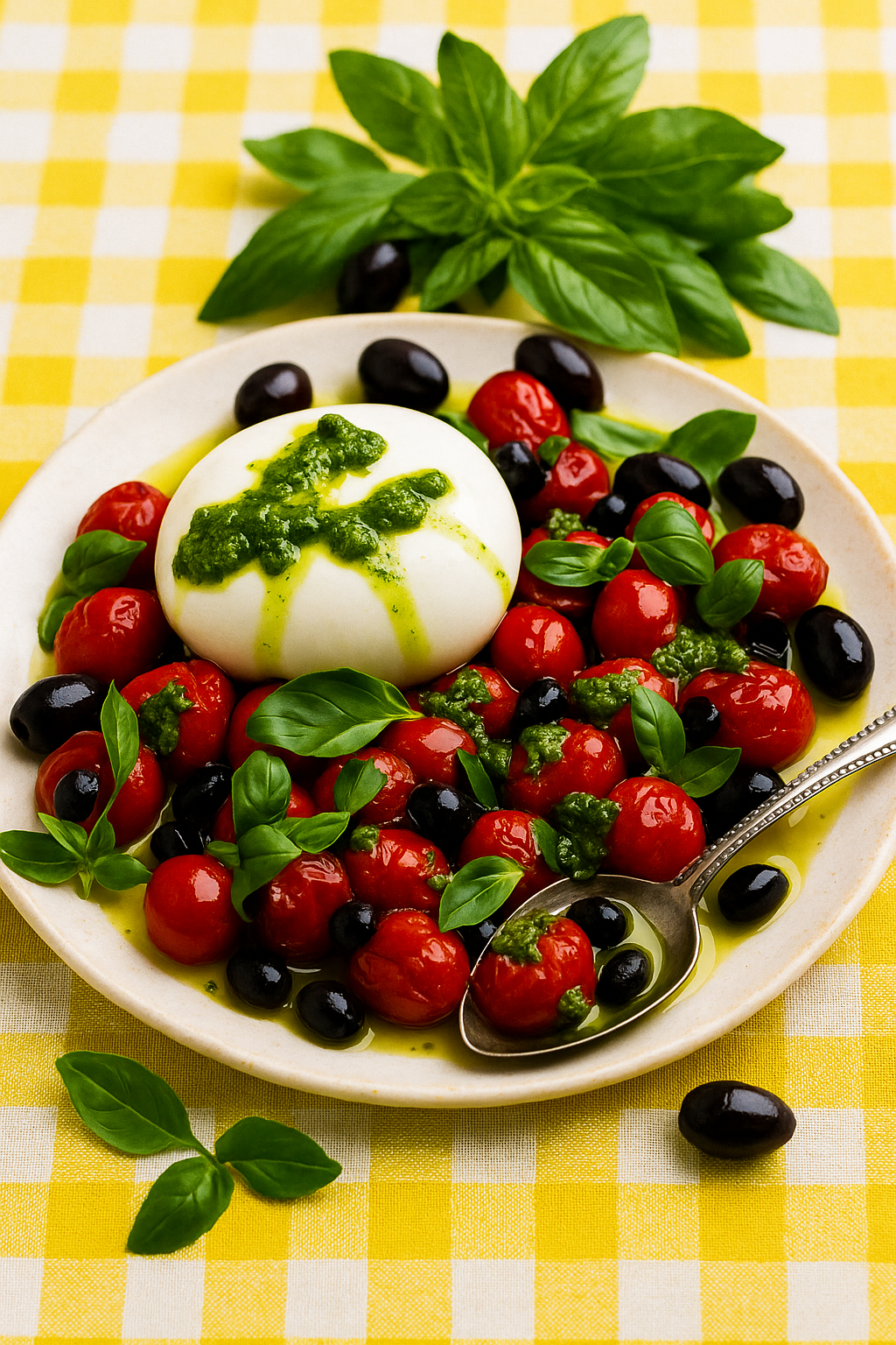 Roasted cherry tomatoes paired with burrata cheese and basil