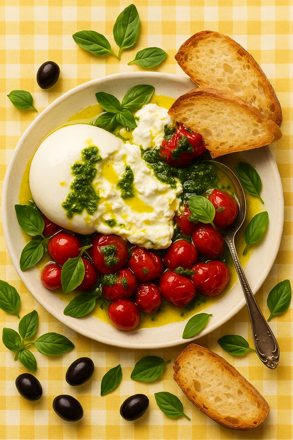 Creamy burrata cheese with tomatoes basil and olives