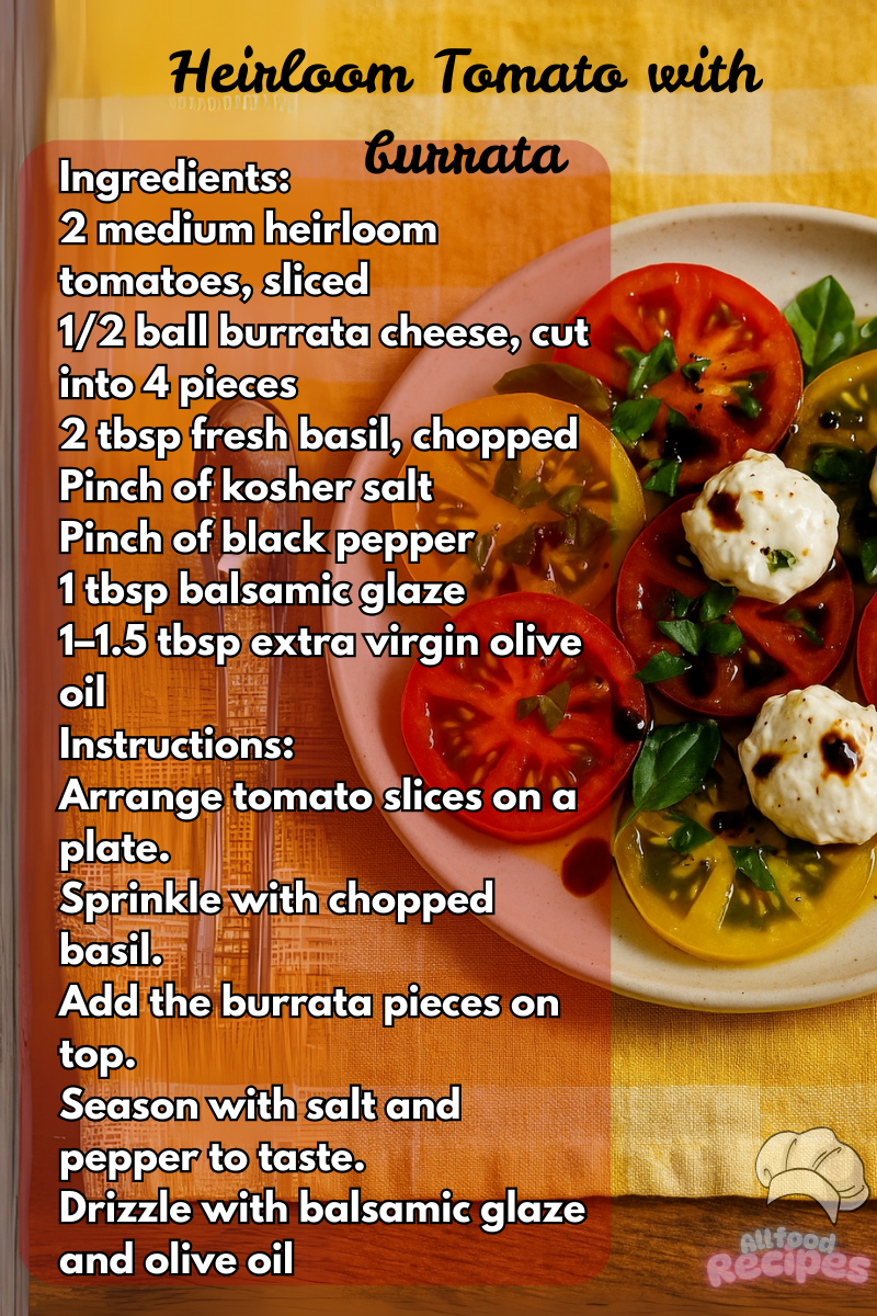 Fresh heirloom tomatoes served with creamy burrata cheese