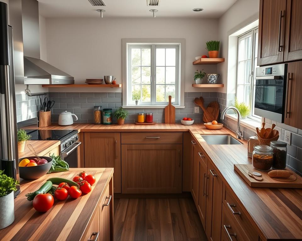 Modern kitchen featuring butcher block countertops, wooden cabinets, and natural light, showcasing a clean and functional cooking space.