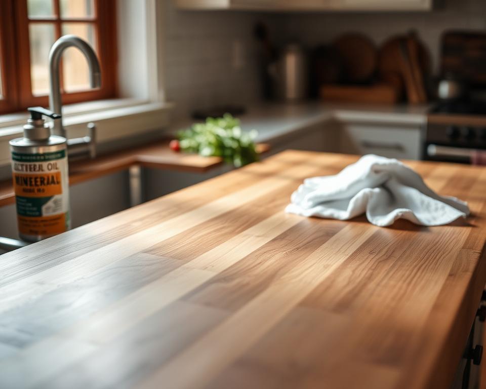 Close-up view of a butcher block countertop with mineral oil and a cloth, illustrating countertop care and maintenance.