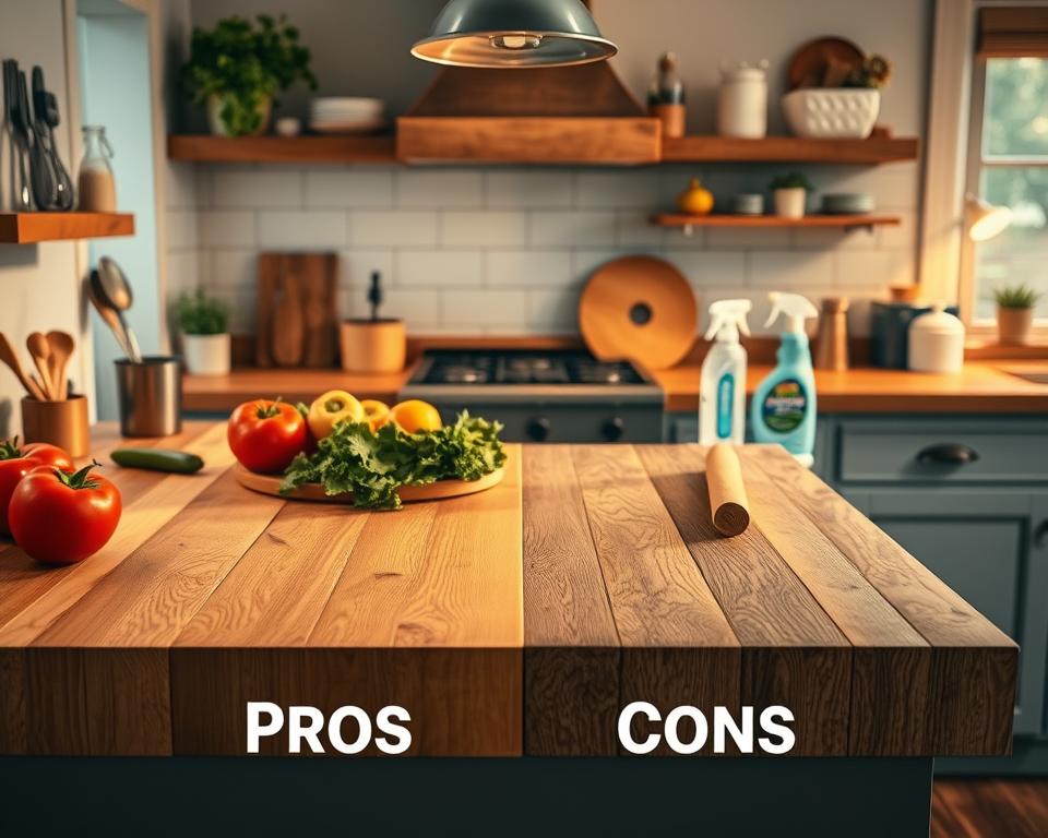 Butcher block countertop divided into pros and cons sections, with fresh vegetables and cleaning products in a cozy kitchen setting.