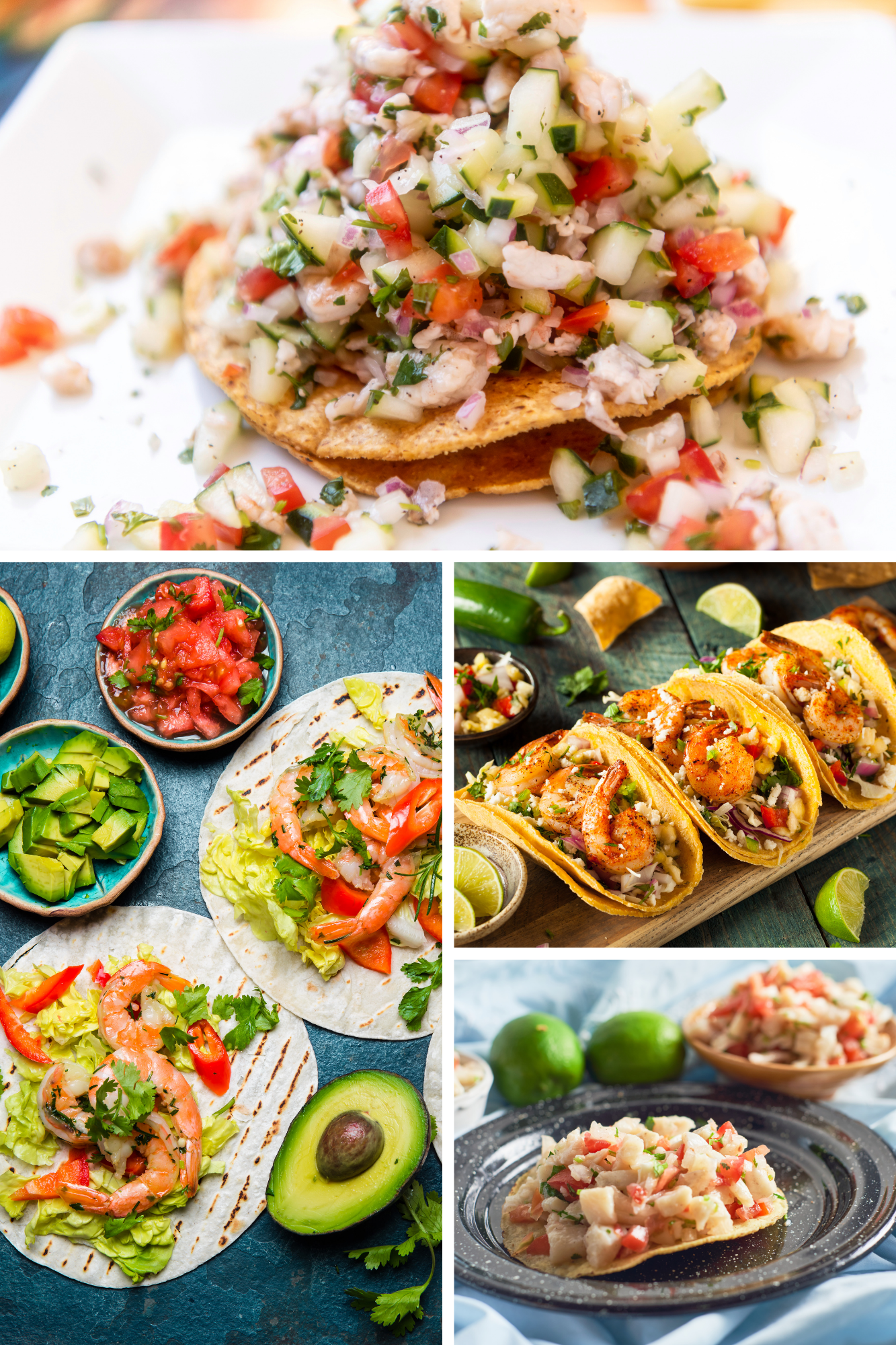 A quartet of photos showcasing ceviche and shrimp tacos. You’ll see finely chopped tomatoes, cucumbers, onions, and cilantro piled high on tostadas or folded into warm tortillas. Each image emphasizes the fresh ingredients and pops of color characteristic of a classic ceviche recipe.