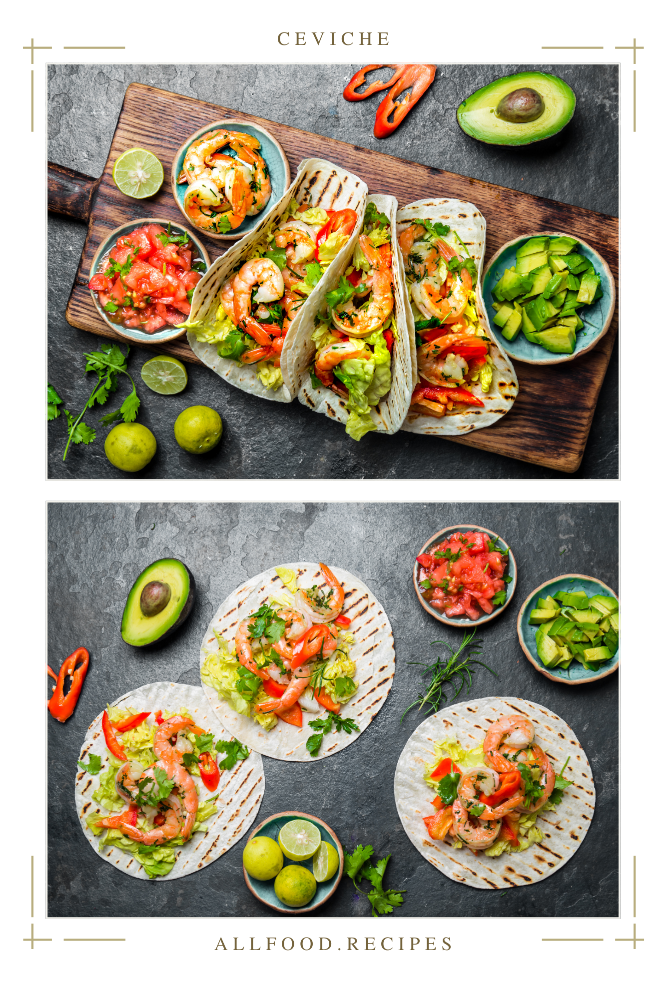 Two complementary shots where shrimp tacos are paired with sliced avocado, diced tomatoes, and leafy greens. Perfect for those who love combining creamy textures with the natural sweetness of shrimp.