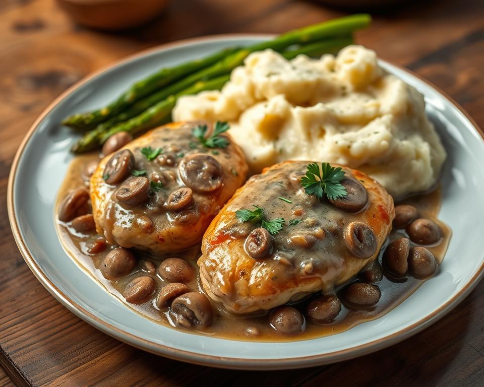 A plate featuring tender chicken breasts smothered in a creamy mushroom sauce, served alongside fluffy mashed potatoes and crisp asparagus for a comforting and hearty meal.