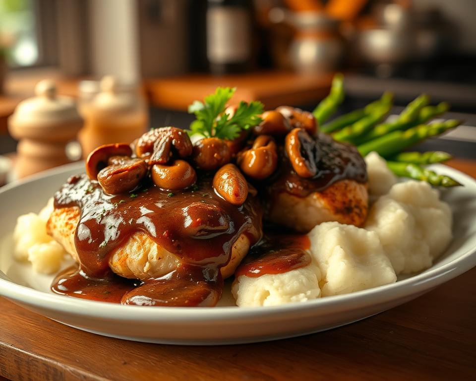 Succulent chicken madeira breasts topped with a rich, savory mushroom gravy, paired with buttery mashed potatoes and fresh asparagus, creating a perfect dinner dish.