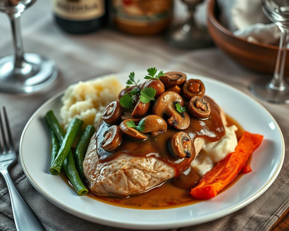 A gourmet meal showcasing chicken in a flavorful mushroom sauce, complemented by creamy mashed potatoes, green beans, and roasted carrots, ideal for a special occasion.