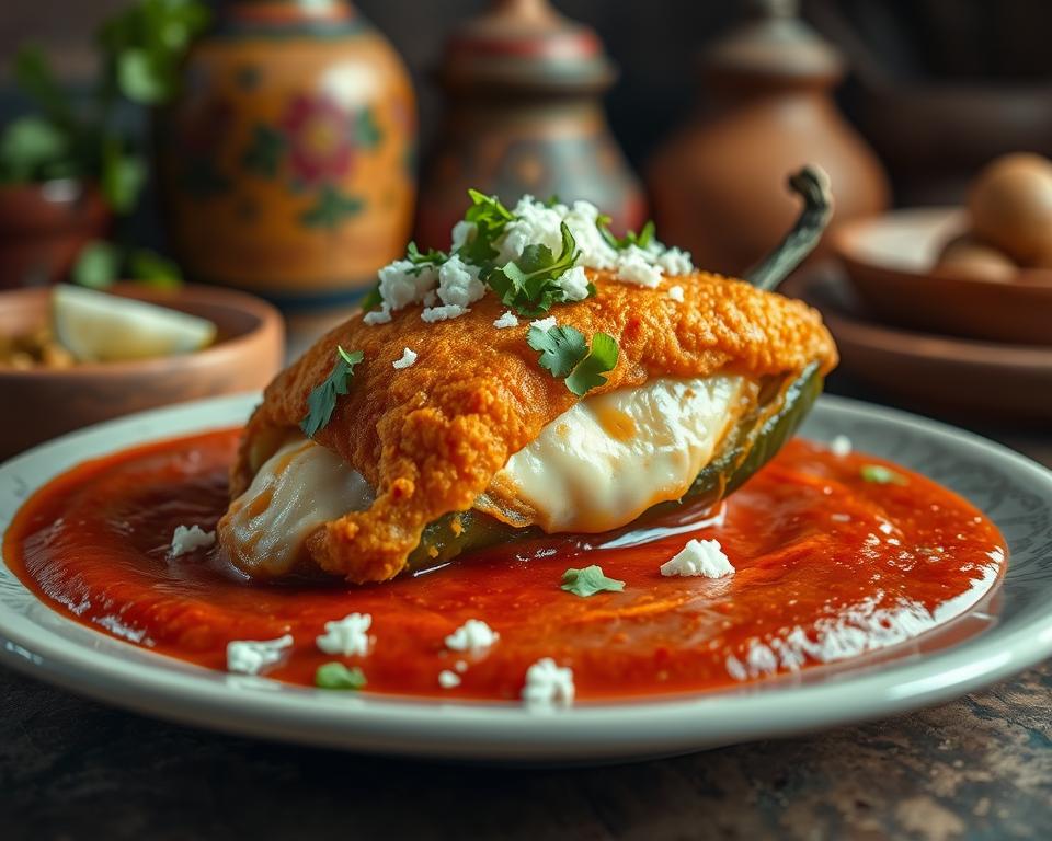 Golden-battered chile filled with melted cheese, served on a vibrant tomato sauce and garnished with fresh cilantro and crumbled queso fresco, presented in a rustic Mexican setting