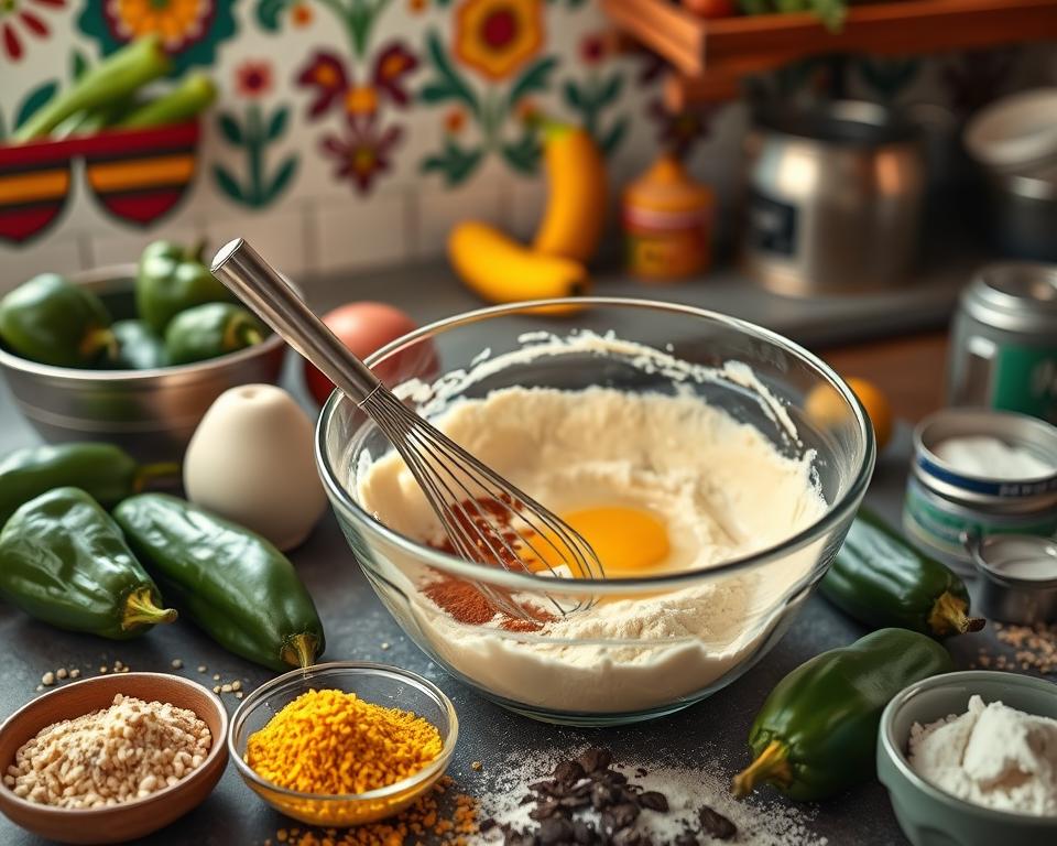 A vibrant kitchen setup featuring a bowl of batter preparation with an egg and spices, surrounded by fresh poblano peppers and ingredients for chile rellenos, set against colorful Mexican tile decor