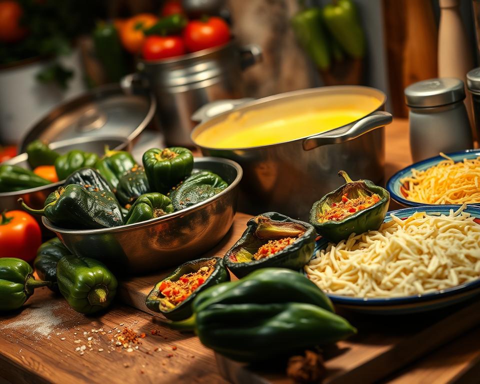 Fresh poblano peppers prepared for stuffing, surrounded by shredded cheese, diced vegetables, and spices, with a pot of sauce in the background. A vibrant Mexican kitchen setup emphasizes the authentic preparation process