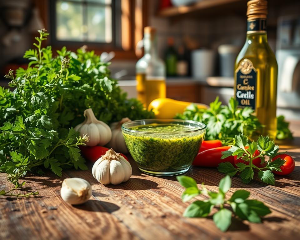 Fresh chimichurri ingredients including parsley, garlic, olive oil, and peppers on a rustic wooden table, ready for preparation