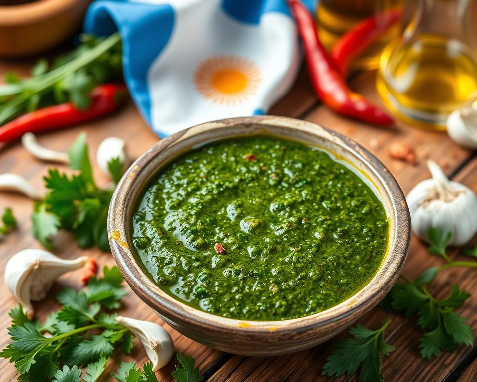 A bowl of authentic chimichurri sauce with parsley, garlic, and red peppers, styled with the Argentine flag in the background